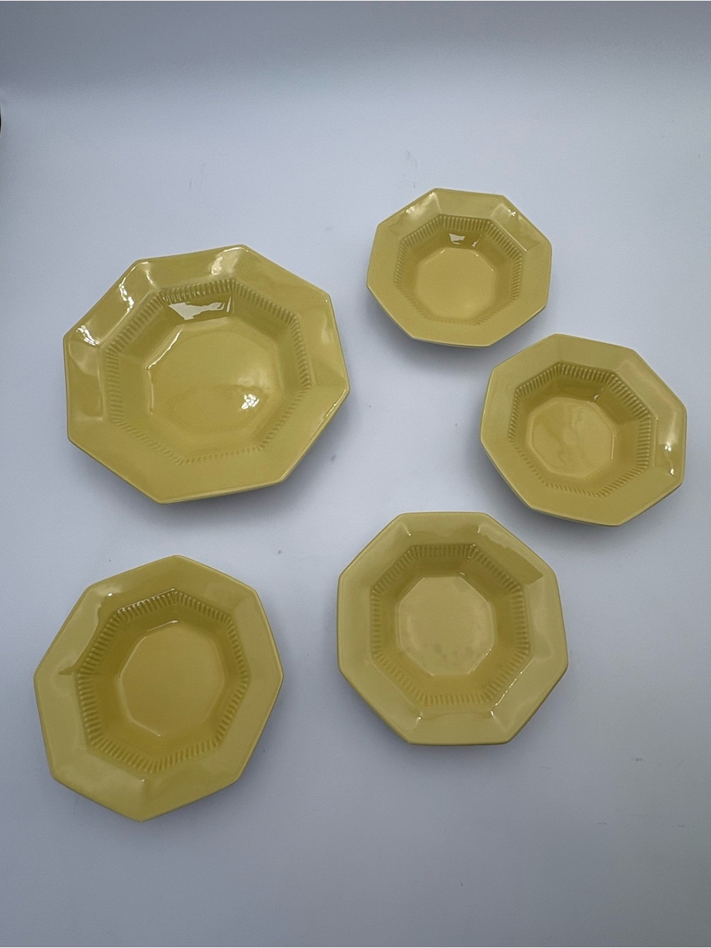 Vintage Ironstone Octagonal Yellow Ceramic Serving Bowl  Set - 5 Pieces